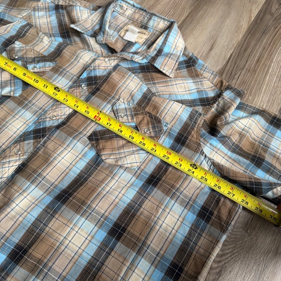 Wrangler Western Fashion Pearl Snap Shirt Mens XL Short Sleeve Brown Blue Plaid - Picture 6 of 6